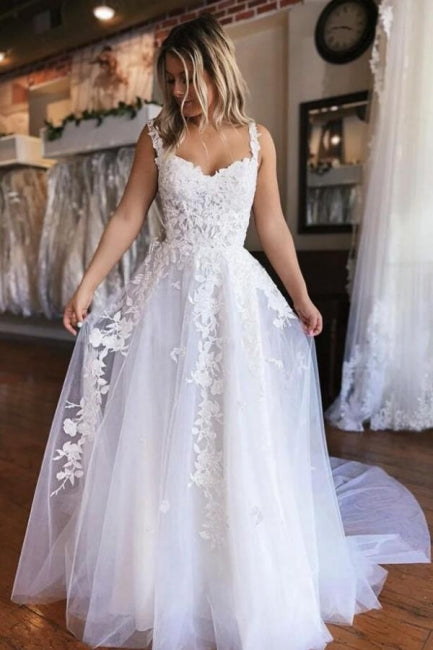 Simple Off-the-shoulder A-line Sleeveless Wedding Dress With Lace