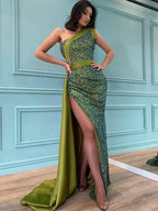 Simple One-shoulder Side Slit Mermaid Sequin Prom Dresses