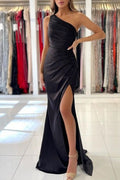 Simple One-shoulder Sleeveless Mermaid Floor-Length Prom Dresses with Ruffles