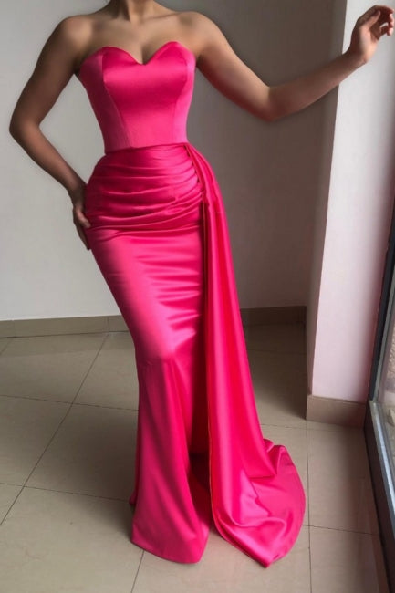 Simple Pink Strapless Sleeveless Mermaid Elastic Woven Satin Prom Dresses with Ruffles