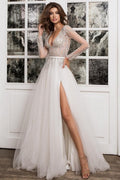 Simple Pleats Sequins V-neck Long Sleeve Brush A-Line Wedding Dresses