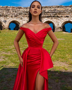Simple Red A-line Off-the-shoulder Long Prom dress with Slit