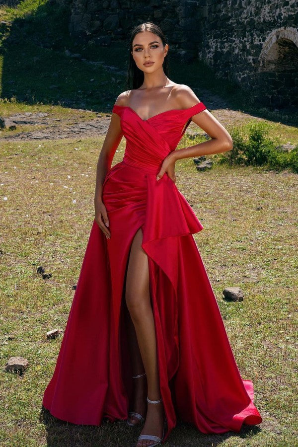 Simple Red A-line Off-the-shoulder Long Prom dress with Slit