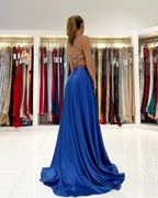 Simple Royal Blue A-line V-neck Backless Long Prom Dress with Slit