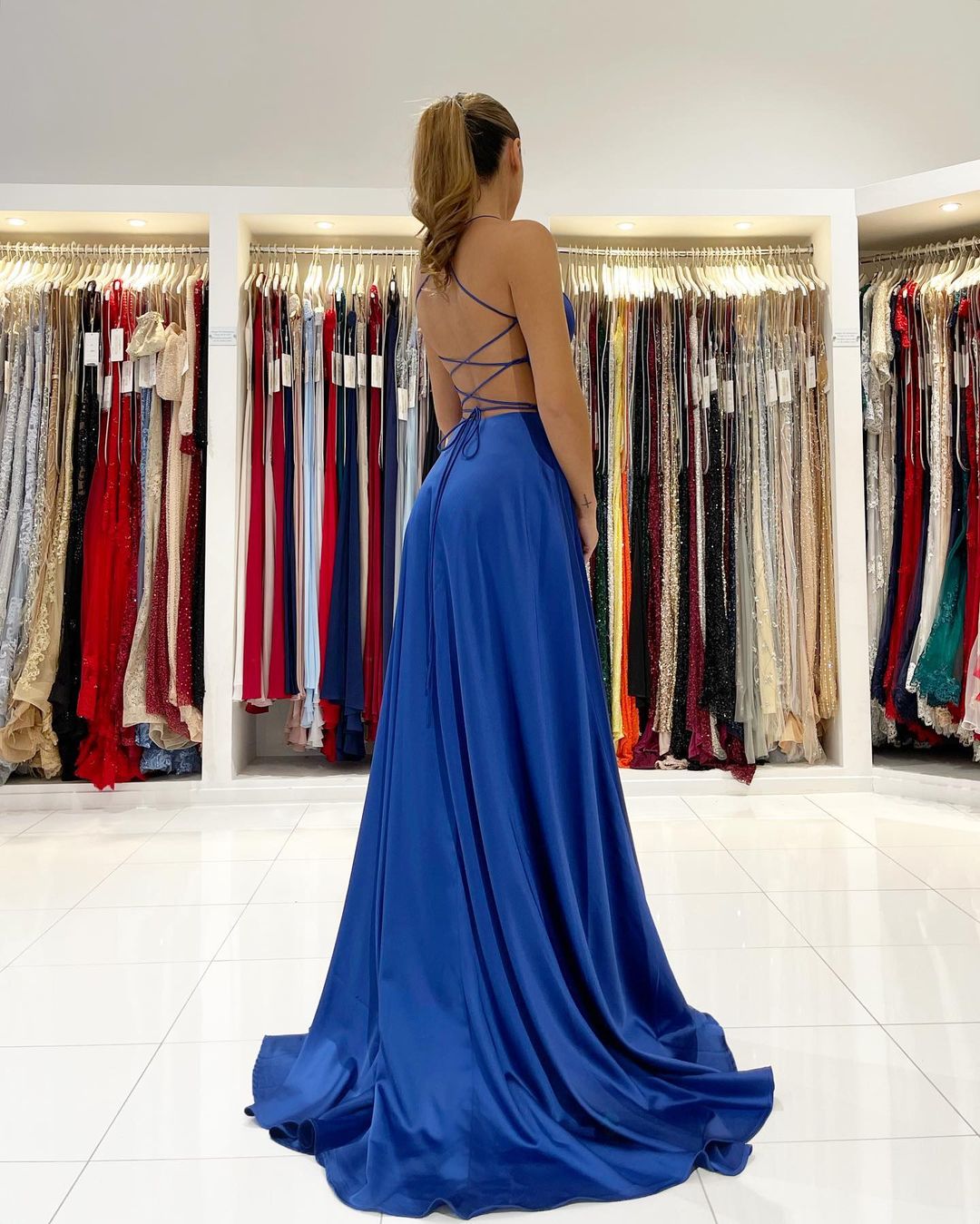 Simple Royal Blue A-line V-neck Backless Long Prom Dress with Slit