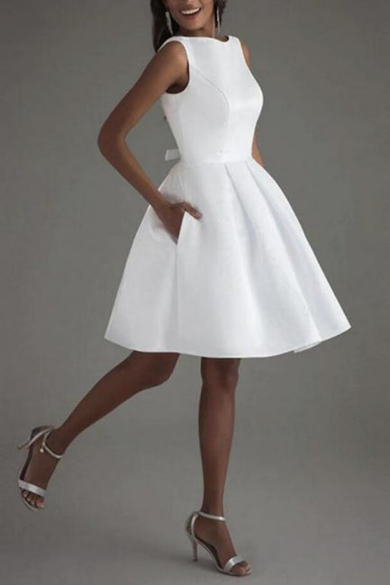Simple Short White Sleeveless Backless Wedding Dresses