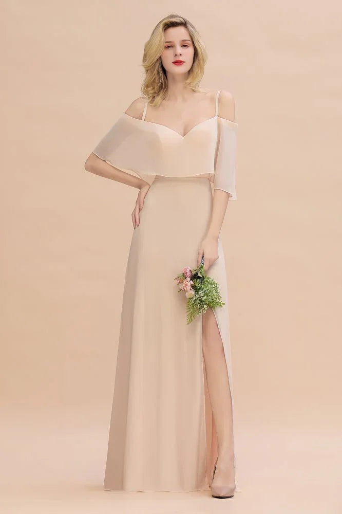 Simple Spaghetti Straps Tiered Prom Dresses | Side Slit A-Line Sleeveless Evening Dresses