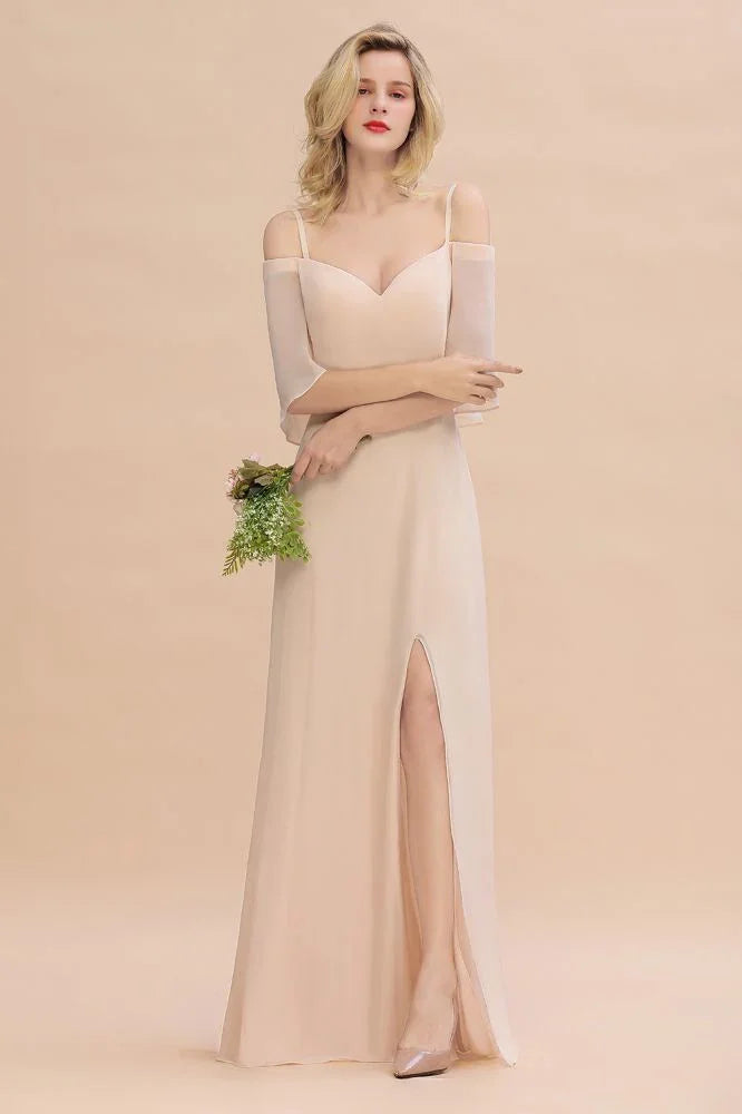 Simple Spaghetti Straps Tiered Prom Dresses | Side Slit A-Line Sleeveless Evening Dresses