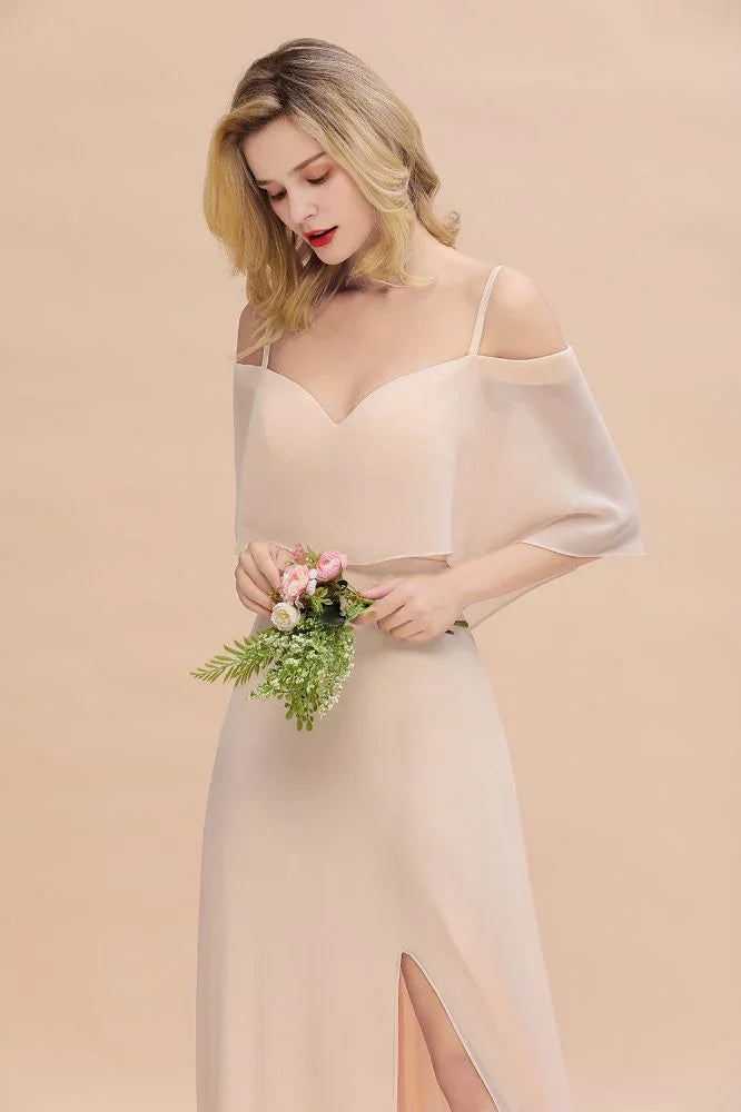 Simple Spaghetti Straps Tiered Prom Dresses | Side Slit A-Line Sleeveless Evening Dresses