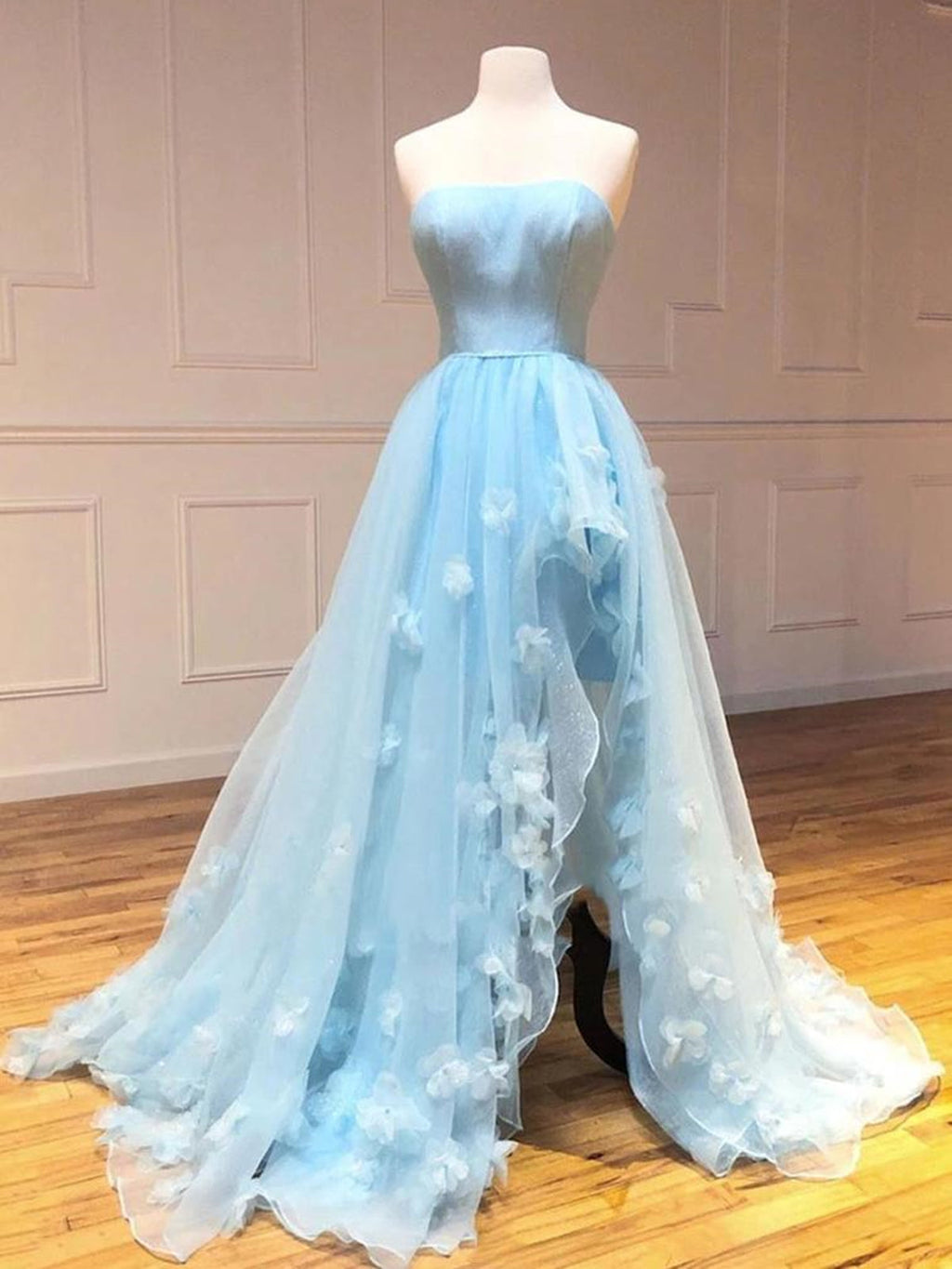 Sky Blue High Low A-line Strapless Tulle Lace Formal Prom Dresses with Slit