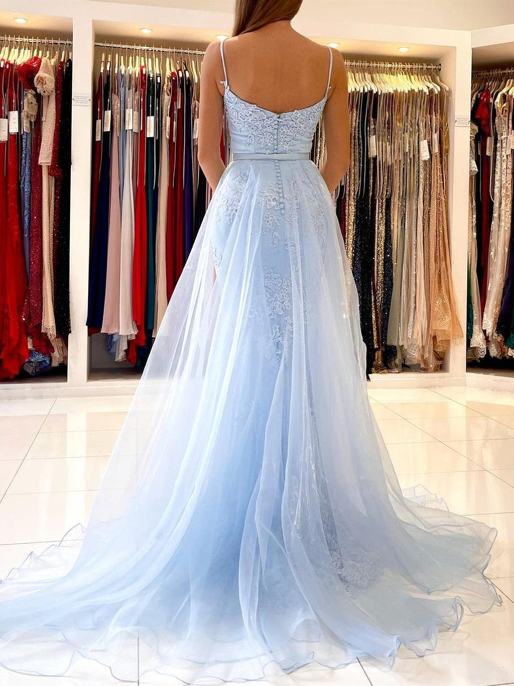 Sky Blue Long Mermaid Spaghetti Straps Tulle Lace Formal Prom Dresses