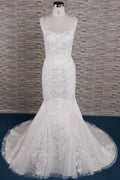 Sleek Square Neck Appliques Pretty Mermaid Elegant Wedding Dresses