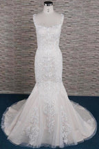 Sleek Square Neck Appliques Pretty Mermaid Elegant Wedding Dresses