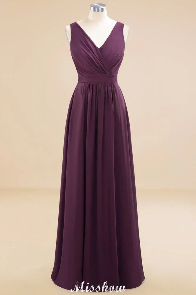 Sleeveless A-line Chiffon Bridesmaid Dress Floor-Length V-Neck Party Gown