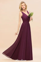 Sleeveless A-line Chiffon Bridesmaid Dress Floor-Length V-Neck Party Gown