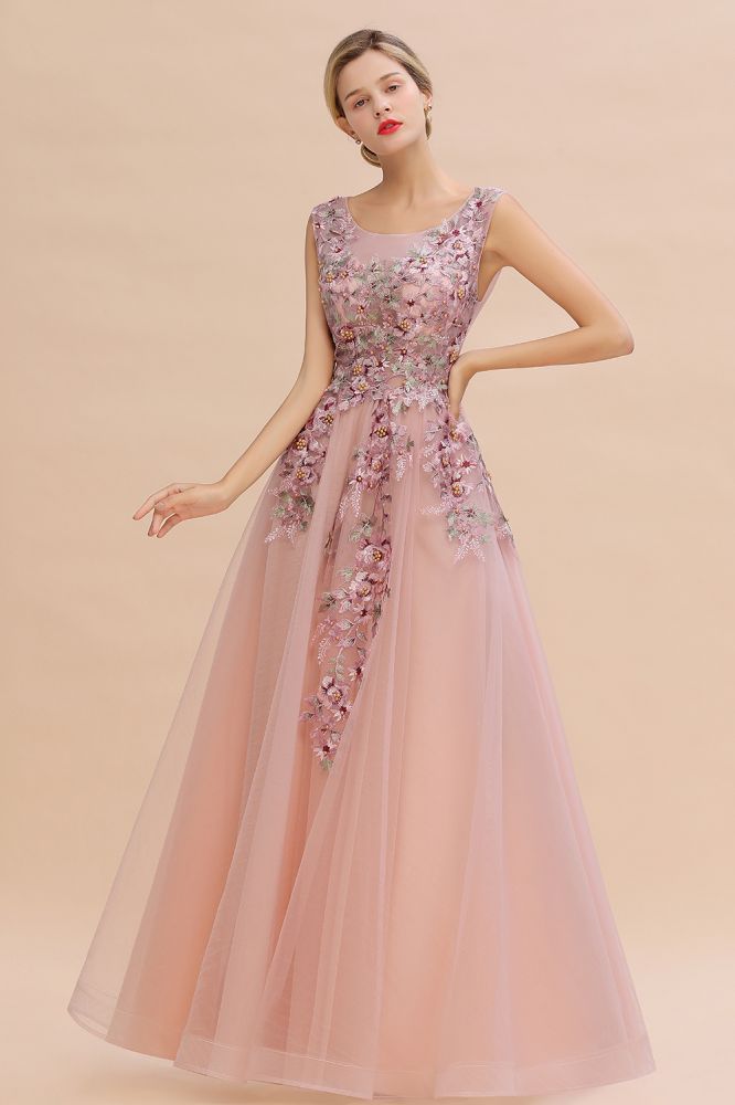 Sleeveless Aline Dusty Pink Long Evening Dress Tulle Lace Appliques Party Dress