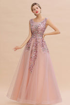 Sleeveless Aline Dusty Pink Long Evening Dress Tulle Lace Appliques Party Dress