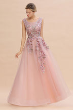 Sleeveless Aline Dusty Pink Long Evening Dress Tulle Lace Appliques Party Dress