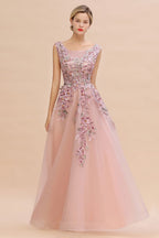Sleeveless Aline Dusty Pink Long Evening Dress Tulle Lace Appliques Party Dress
