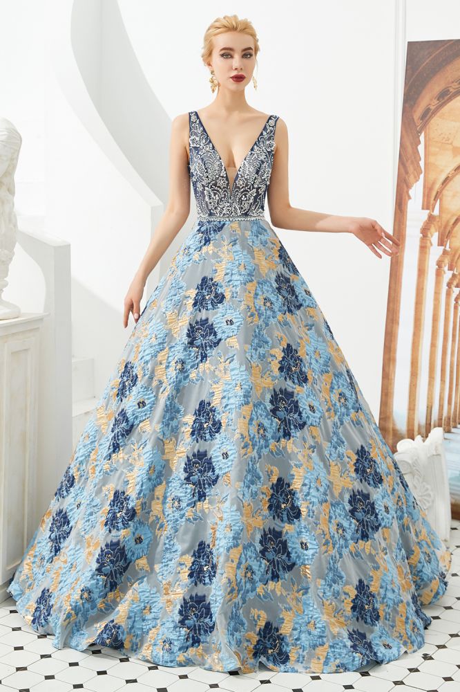 Sleeveless Aline Evening Dress V-Neck Flower Floor Length Prom Dress