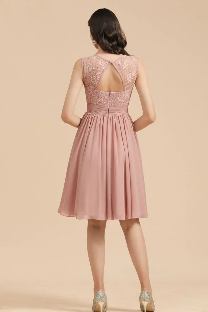 Sleeveless Crew neck Lace Chiffon Party Dress Mini Bridesmaid Dress