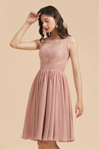 Sleeveless Crew neck Lace Chiffon Party Dress Mini Bridesmaid Dress