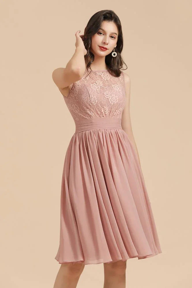 Sleeveless Crew neck Lace Chiffon Party Dress Mini Bridesmaid Dress