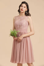 Sleeveless Crew neck Lace Chiffon Party Dress Mini Bridesmaid Dress