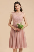 Sleeveless Crew neck Lace Chiffon Party Dress Mini Bridesmaid Dress