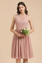 Sleeveless Crew neck Lace Chiffon Party Dress Mini Bridesmaid Dress