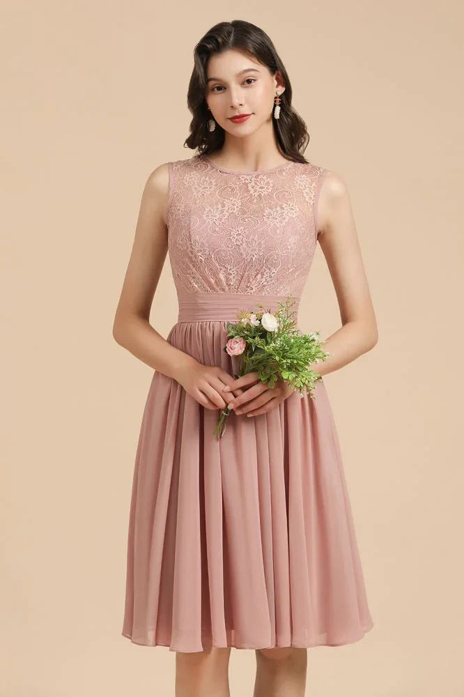 Sleeveless Crew neck Lace Chiffon Party Dress Mini Bridesmaid Dress