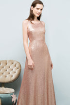 Sleeveless Floor Length A-line Scoop Sequined Prom Dresses