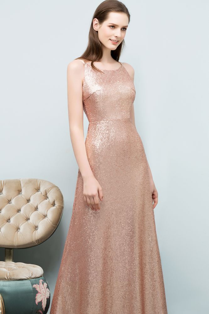 Sleeveless Floor Length A-line Scoop Sequined Prom Dresses