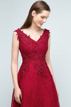Sleeveless Lace Appliques A-line V-neck Long Prom Dresses with Crystals