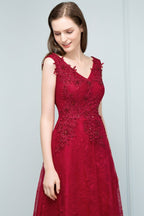 Sleeveless Lace Appliques A-line V-neck Long Prom Dresses with Crystals