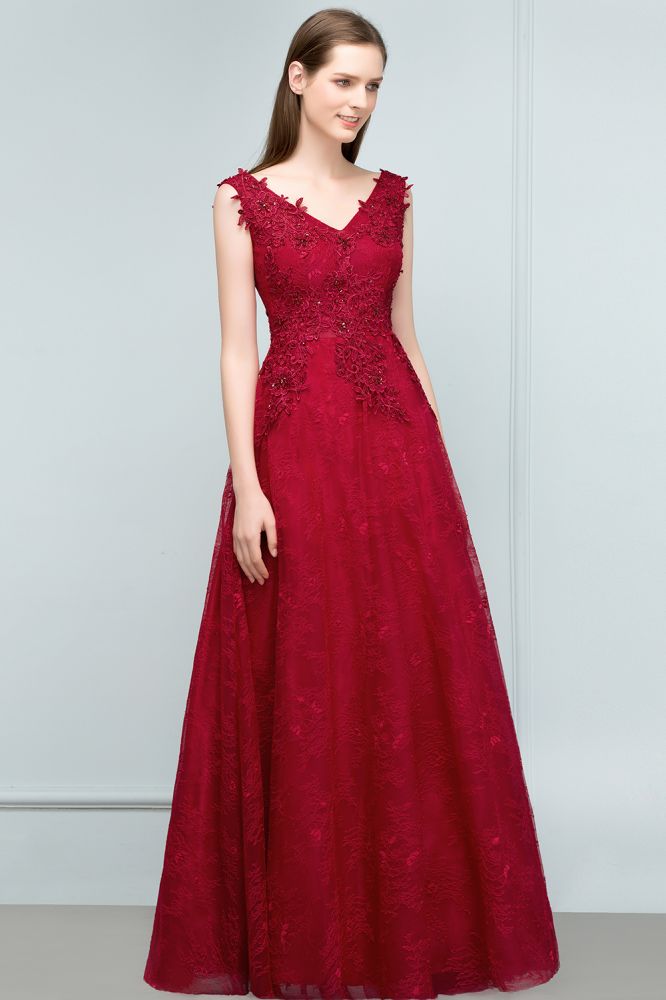 Sleeveless Lace Appliques A-line V-neck Long Prom Dresses with Crystals
