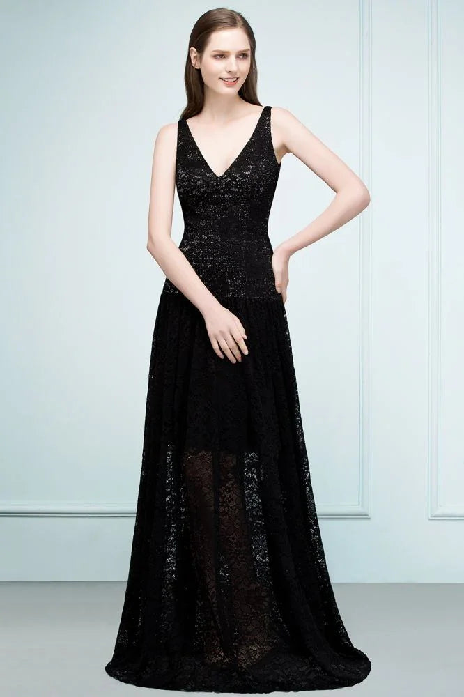 Spaghetti Floor Length A-line V-neck Lace Bridesmaid Dresses