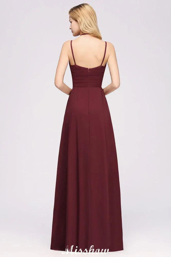 Spaghetti Sleeveless Ruffles A-line Chiffon Bridesmaid Dresses Straps Evening Maxi Dress
