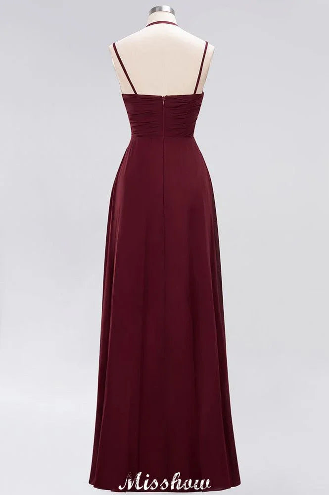 Spaghetti Sleeveless Ruffles A-line Chiffon Bridesmaid Dresses Straps Evening Maxi Dress