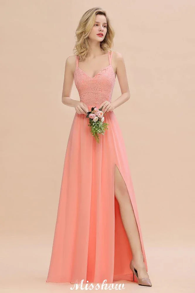 Spaghetti Slim Side Split Bridesmaid Dress Sky Blue V-Neck Wedding Party Dress