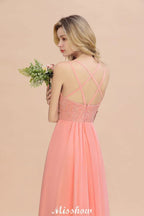 Spaghetti Slim Side Split Bridesmaid Dress Sky Blue V-Neck Wedding Party Dress