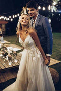 Spaghetti Strap V Neck Beach Wedding Dresses Backless Bridal Dresses