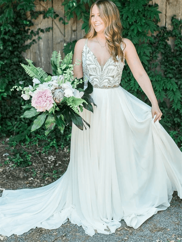 Spaghetti Straps Neckline A-line Rustic Wedding Dresses With Beaded