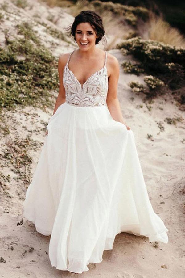 Spaghetti Straps Neckline A-line Rustic Wedding Dresses With Beaded