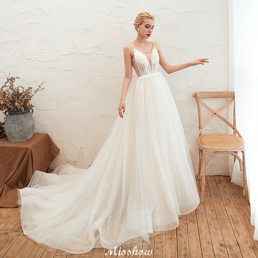 Spaghetti Straps Plunging V-Neck Wedding Dress Low Back Champagne Bridal Gown
