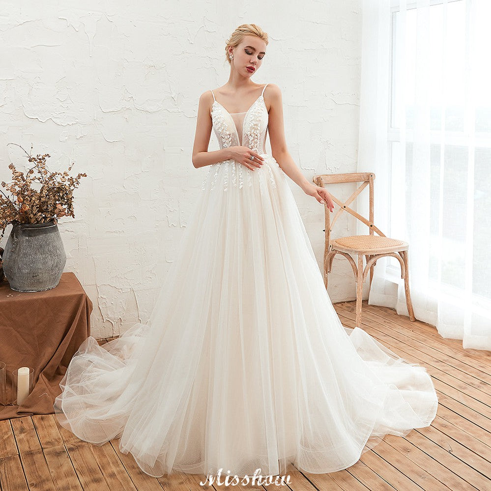 Spaghetti Straps Plunging V-Neck Wedding Dress Low Back Champagne Bridal Gown