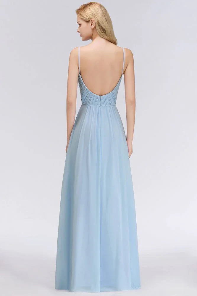 Spaghetti Straps Ruggle Chiffon Bridesmaid Dress Sky Blue A-line Wedding Party Dress