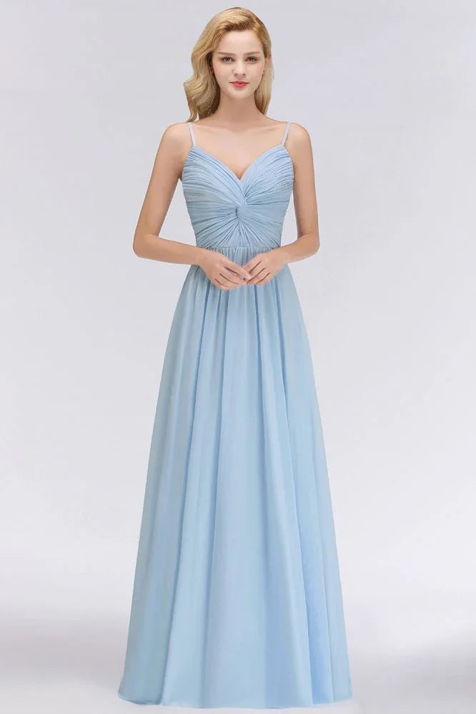 Spaghetti Straps Ruggle Chiffon Bridesmaid Dress Sky Blue A-line Wedding Party Dress
