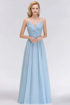 Spaghetti Straps Ruggle Chiffon Bridesmaid Dress Sky Blue A-line Wedding Party Dress