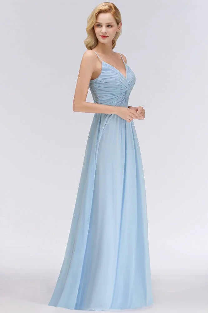 Spaghetti Straps Ruggle Chiffon Bridesmaid Dress Sky Blue A-line Wedding Party Dress